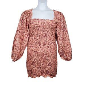 Free People Womens Apricot Burgundy Smock It To Me Floral Mini Dress Size S NWT